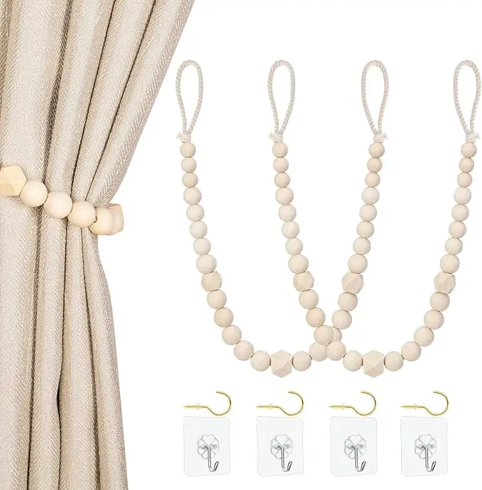 Handcrafted Wood Beaded Curtain Tiebacks - 2-Piece Durable Holdbacks with Hooks for Thin/Thick Drapes, 22.8" Long, Dustproof, Machine Washable Boho Decor for Bedrooms, Modern Home Decor