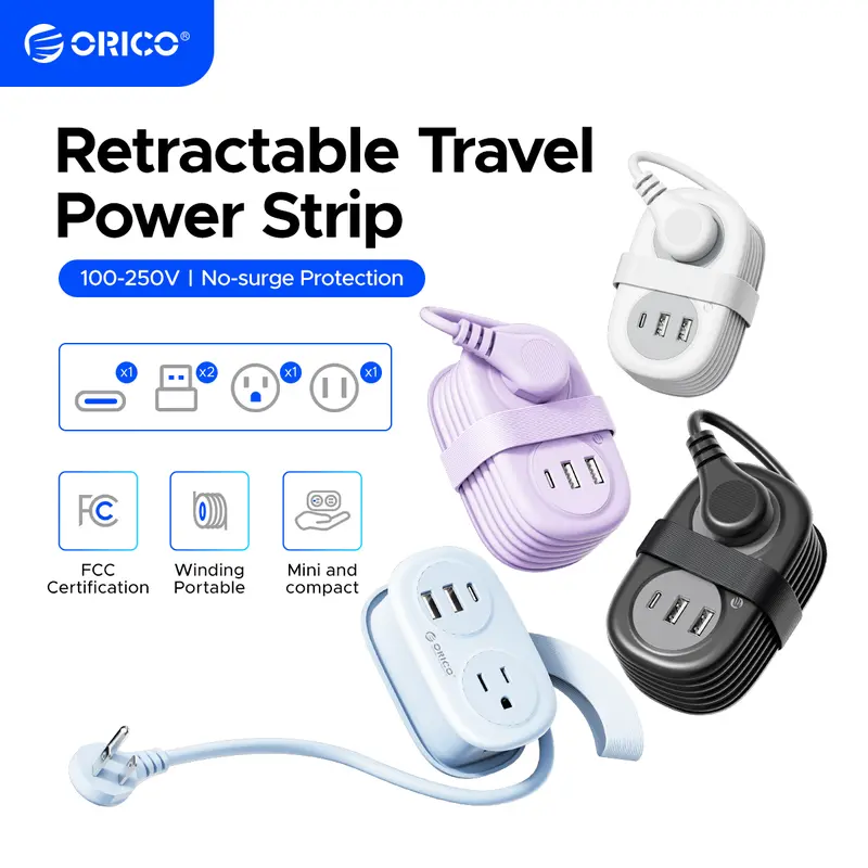 ORICO Compact Travel Power Strip, 3.7FT Small Extension Cord with Flat Plug, 2 AC Outlets & 3 USB Ports (1 USB-C), 125V Input Flame Retardant Multi-Outlet Essential for Cruise, Office, Hotels- AP3-2A
