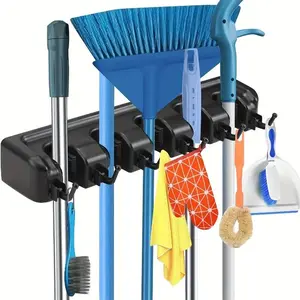 Wall-Mounted Broom and Mop Holder with 5 Clips & 6 Hooks, Multifunctional Space Saving Organizer, Space Saver Organizer for Home, Garage, and Shed, Ideal Storage Solution