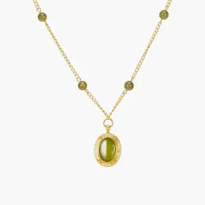 en route Gold Linh Necklace, Gold Chain with Green Stone Accents and Oval Pendant, Perfect for Chic Everyday Styling