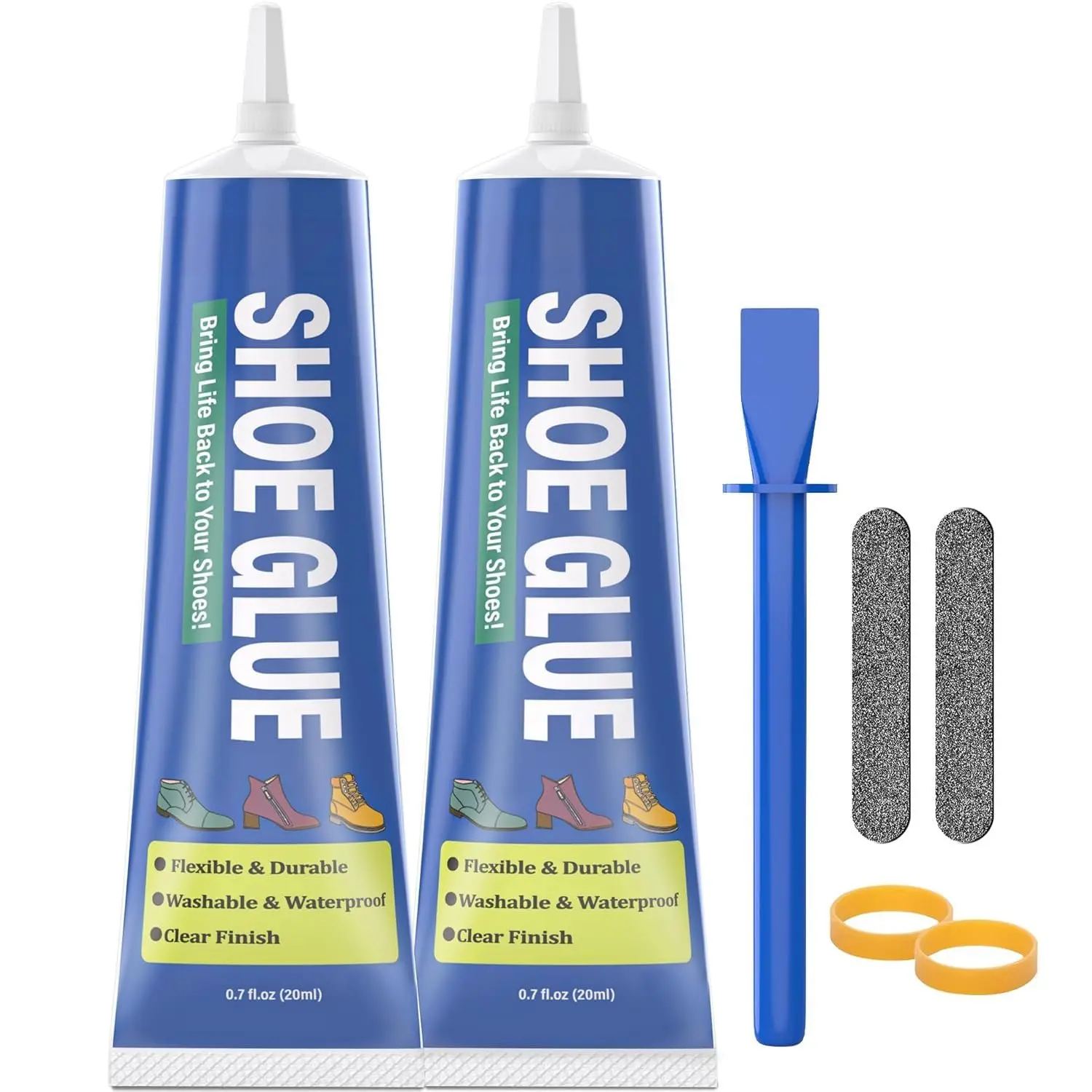 Professional Grade Flexible Shoe Glue - 0.7 fl. oz (20ml) Dual Pack, Clear, Durable, Repairs Soles Heels Small Holes, Works on Leather Rubber Vinyl Canvas, Includes 2 Rubber Bands 2 Sandpaper Sheets, Ideal for Repair & Washing Shoes, 2 Tubes Of Adhesive