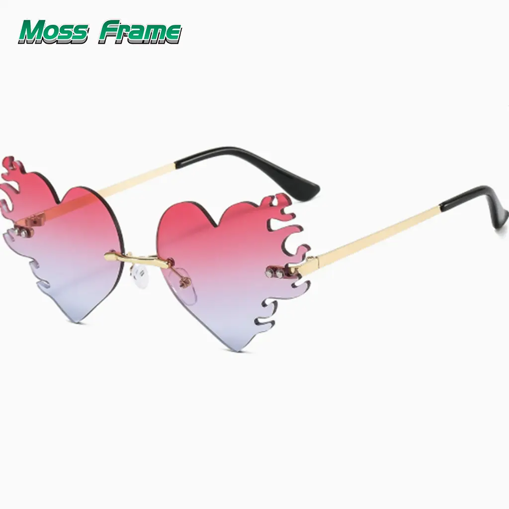 Flame Heart Gradient Sunglasses, UV400 Protection for Parties & Festivals Novelty Flame Heart Sunglasses, Funky Eyewear for Cosplay & Photoshoots  Rimless Fire Heart Sunglasses, Trendy Gradient Lenses for Raves & Concerts
