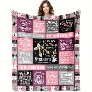 1Pc Christian Gift Blanket For Religious Enthusiasts - Soft Plush Flannel With Inspirational Bible Verses & Cross Design, Multi-Color Retro Patchwork Throw For Sofa, Bed, TV Lounge - All-Season Comfort