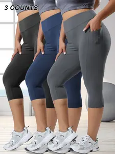 Plus Size High Waist Leggings Set for Women, Solid Sports Leggings, Stretchy and Soft Fabric, Comfortable Summer Wear with Crescent Pockets, 3 Piece Solid Design, Athleisure Style Bottoms