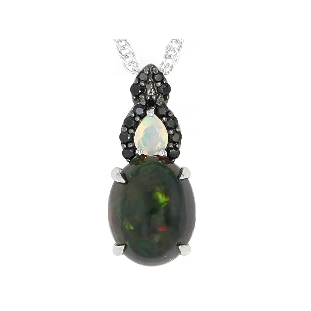 JTV Oval Shape Black Ethiopian Opal Pendant with Chain, 1.56ctw, Rhodium-Plated Over Sterling Silver Natural Crystal Necklace