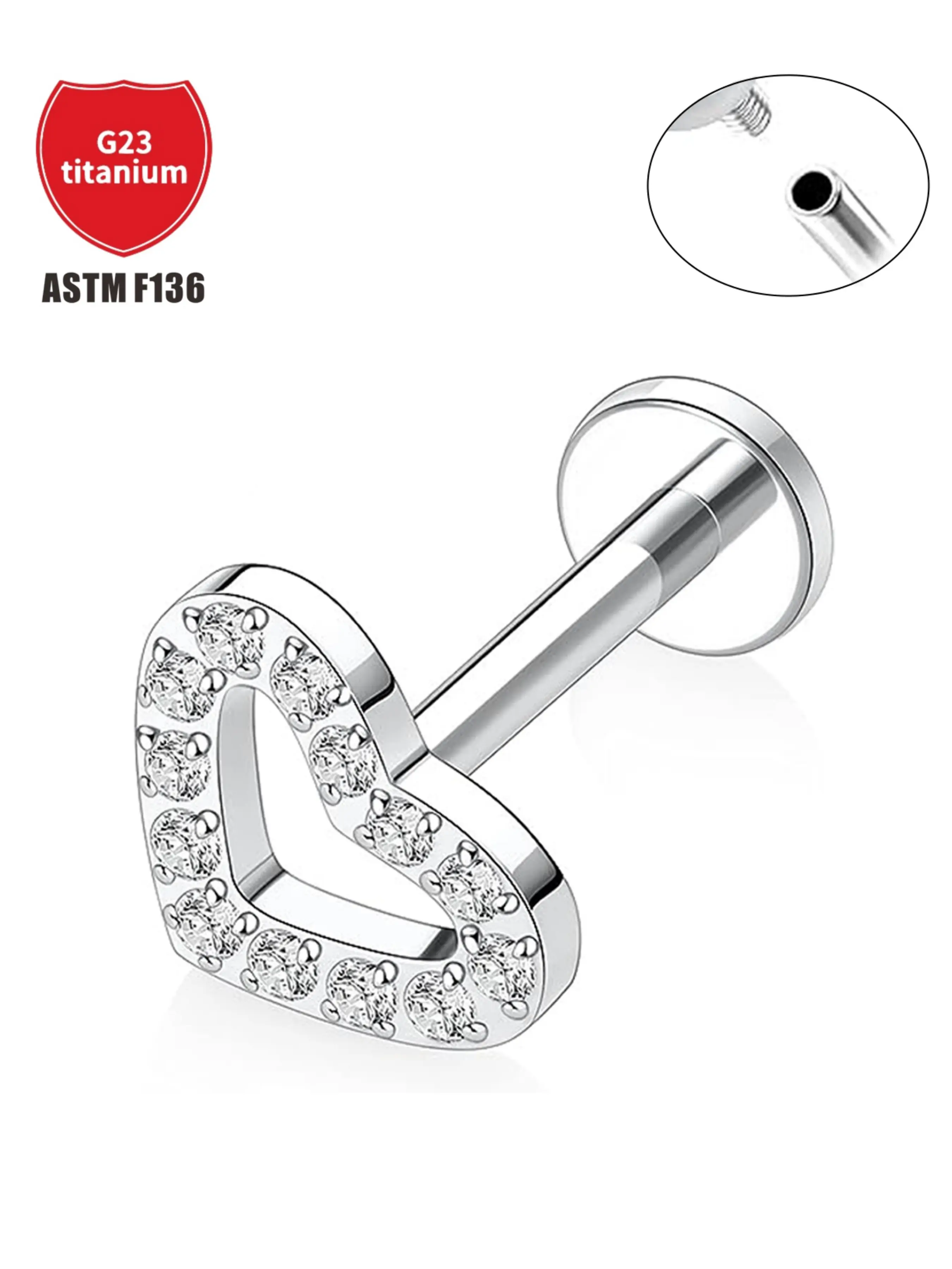 F136 Titanium Heart Ear Bone Stud with Zirconia, Sparkling Zircon Inlay, Zirconia Inlays, 16g Earrings, Shiny Punk Style Lip Stud, Body Piercing Jewelry, Lip Labret Studs, All Seasons