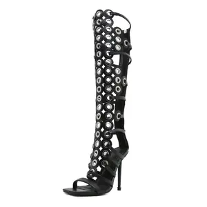 Women Knee High Sandals Sexy Stiletto Heel Cross Straps Round Buckle Decor Girl Summer Gladiator Heels Dress Party Shoes Hot