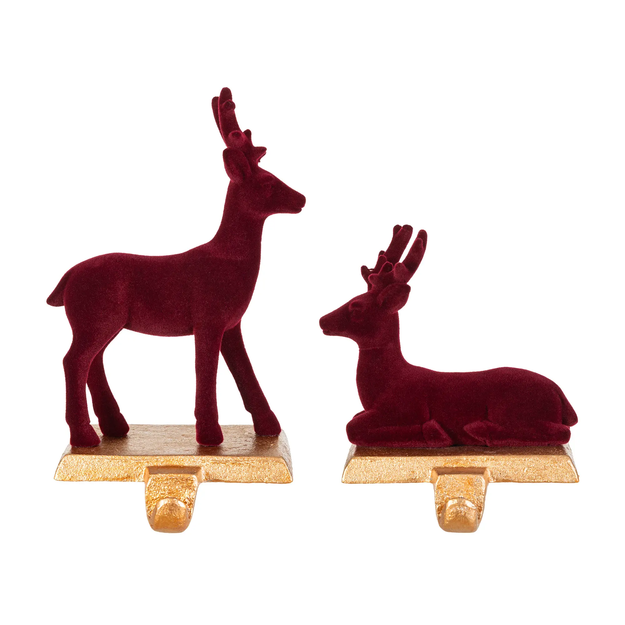 Glitzhome Set of 2 Reindeer Pair Stocking Holders, Polyresin-Iron Gold-Toned Velvet Flock Burgundy, Weighted Base, Standing/Sitting Design, Heavy-Duty Hooks, Securely Hold Stockings, Indoor Christmas New Years Eve Festive Home Decoration, Sohochic