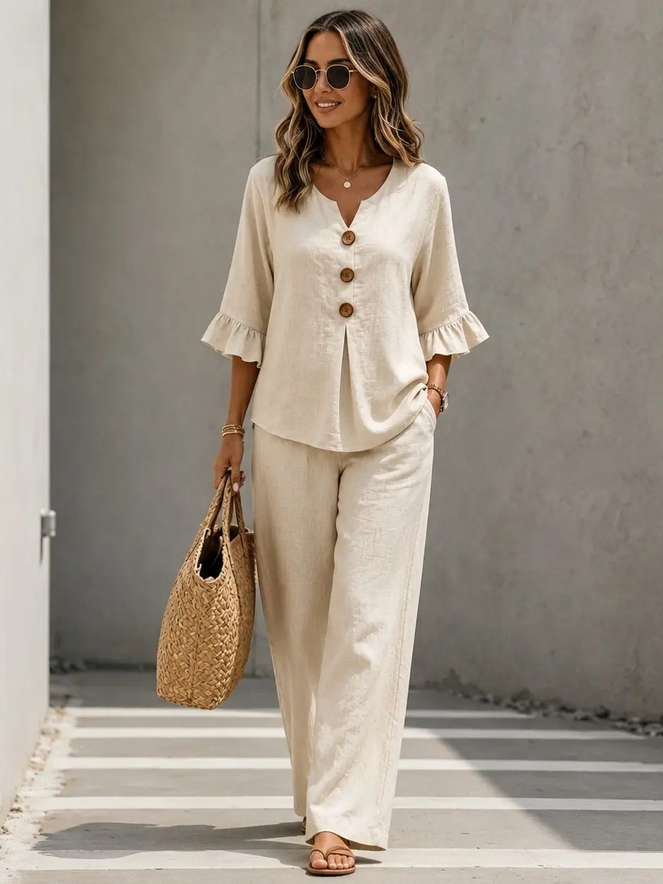 Women’s Light Blue 2-Piece Polyester Blend Pants Set - Button V-Neck Ruffle Sleeve Top with Button Detail & Loose Wide Leg Trousers for Summer Travel, Vacation