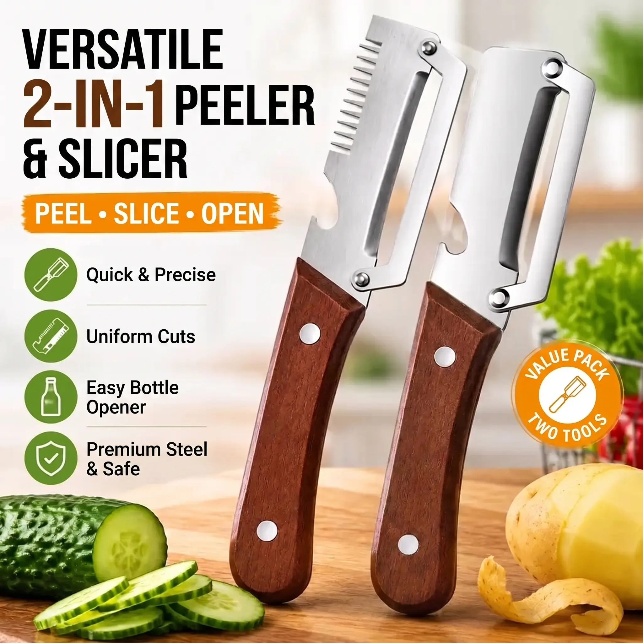 2 PCS Wood Handle Multifunction Kitchen Peeler – Peel, Slice, Scrape & Bottle Opener Tool