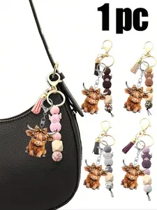 One Highland cow silicone beaded keychain with tassels, short keychain, Keychain for bags, cartoon punk style, lobster clasp, decorative backpack accessory, acrylic pendant, car key anti-loss chain, ideal gift for friends and New Year celebrations