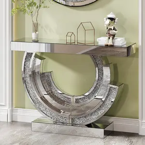 Modern Entryway Console Table, 43" Mirrored Console Hallway Table with Sparkling Crystal Inlays Base, Silver Glass Couch Behind Sofa Foyer Accent Tables for Entrance, Living Room