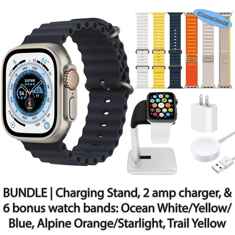 Refurbished Apple Watch Ultra (GPS + Cellular, 49 mm) Titanium Case with Midnight Ocean Band Bundle: 6 Bonus Bands, Charging Stand, & 2 amp charger (1 Year Warranty) Excellent Condition