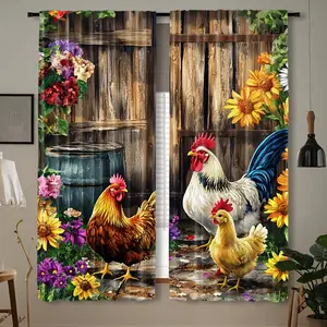 2pcs, Farmhouse Rooster Curtains, Sunflowers Colorful Floral Rod Pocket Vintage Wood Rustic Curtains for Kitchen Decor, Bedroom & Various Room Types