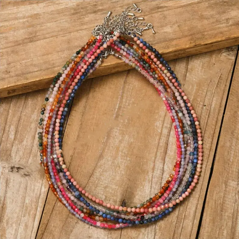 Natural Genuine Lapis Lazuli Crystal Quartz Simple Necklace Faceted 2mm Tiny Beads Choker Healing Crystal Dainty Minimalist Necklace Gift-30 types