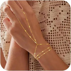 Female Adjustable Layered Gold Links Hand Chain Bracelet - Dainty Alloy Finger Bracelet, Stackable No-Frills Fashion Costume Jewelry for Daily Wear, Gifts