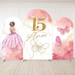 Mehofond Quinceanera Dress Party Arched Wall Custom Pink Pincess Sweet 15 16th Birthday Arch Backdrop Cover 2-Sided Decoration_P