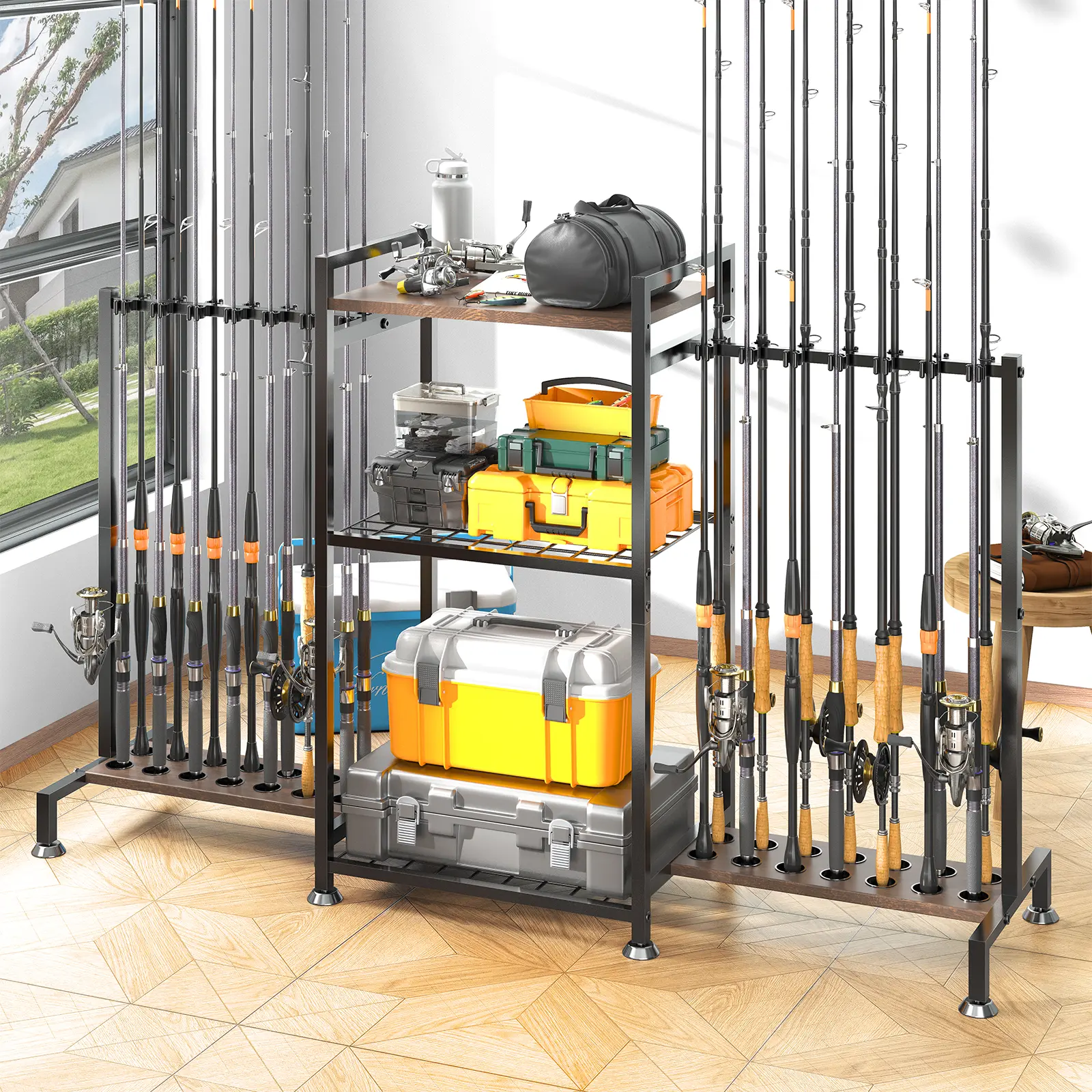 SOYEEZE 3-Side Vertical Fishing Pole Holder with Ground Mount Stand, Garage Tool Organizer Rack, Holds 28 Rods, Ideal Male Fishing Gift Rod Holders Storage Fishing Stuff