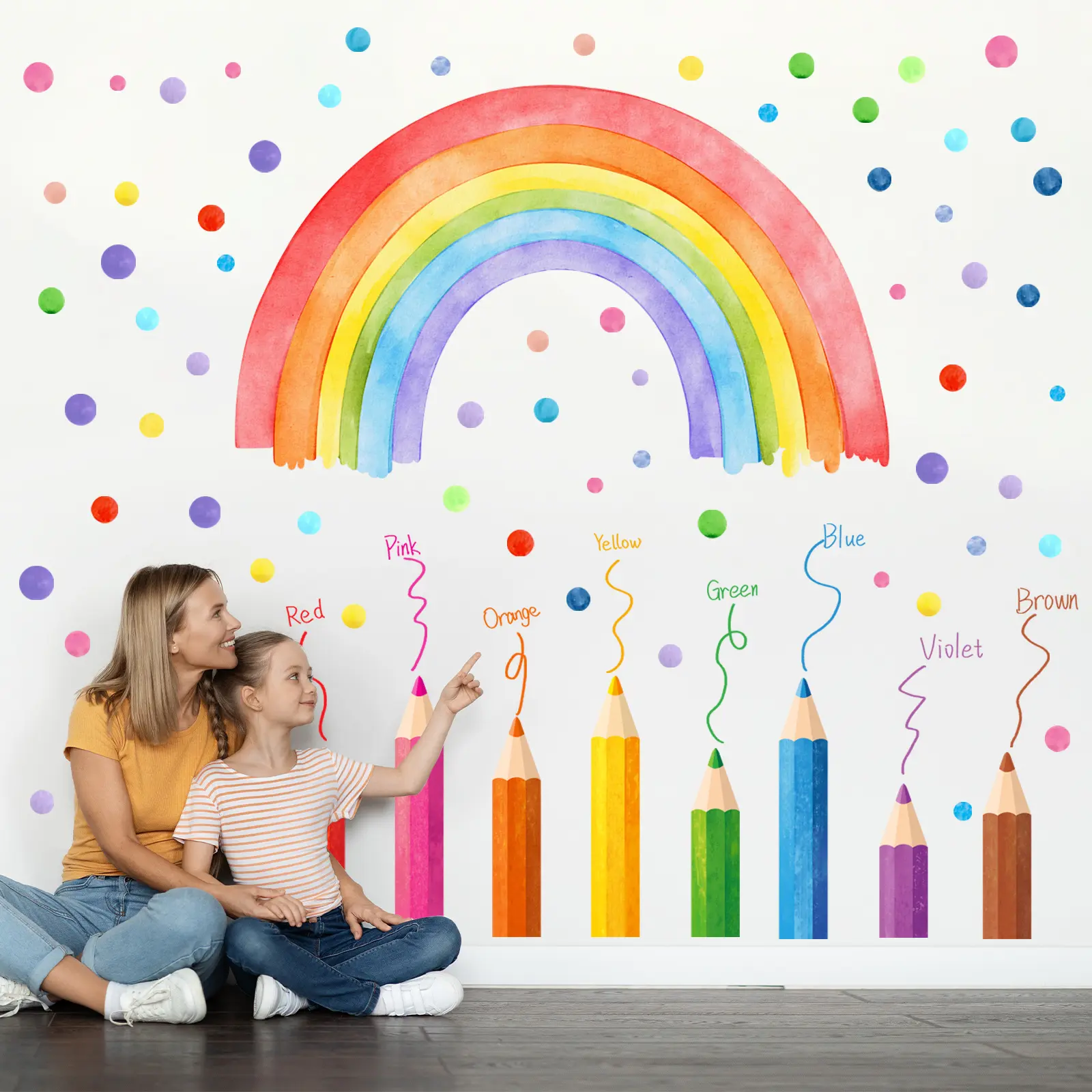 8Pcs/Set (3030cm4pcs+3090cm2pcs+3060cm2pcs) Colored Pencil Rainbow Wall Stickers, Decorative Stickers, Early Education Wall Decor Color Cognition Decals for Kids Room
