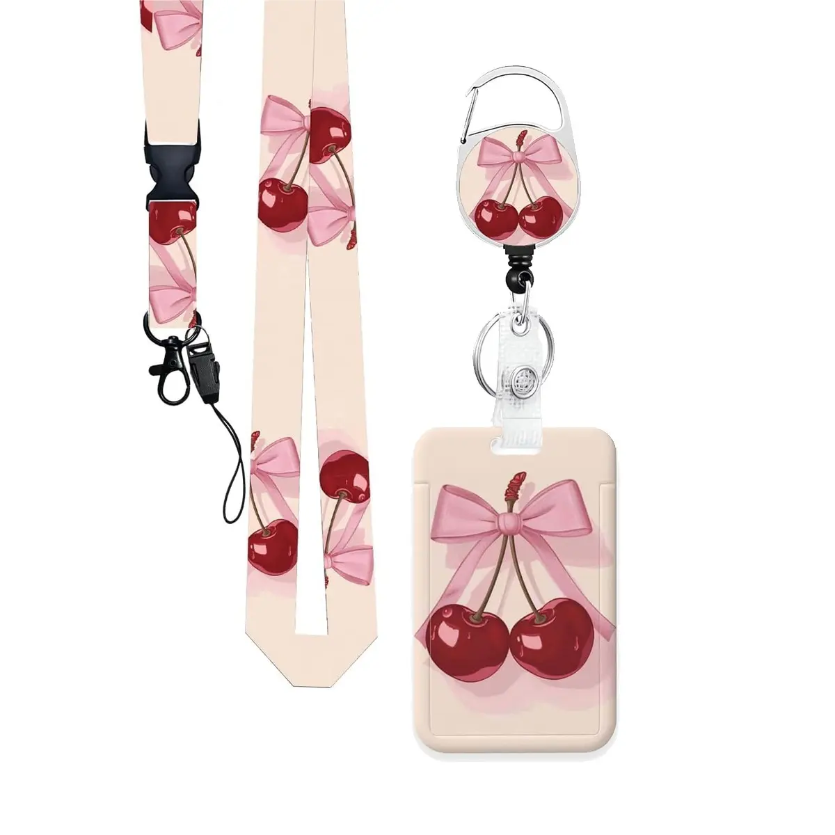 Cherry ID Badge Holder Set, ID Badge Holder With Lanyard, Retractable Badge Reel, Rotating Clip, Waist Keychain, Nurse Teacher Medical Badge Holder Office Supplies, Detachable Lanyard