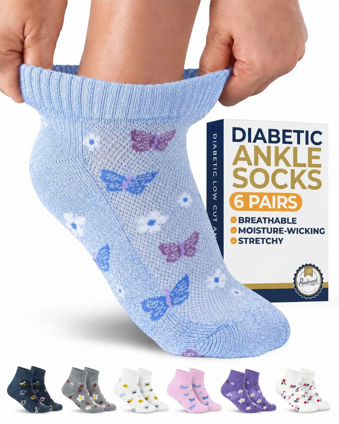 Pembrook Women's and Men's Diabetic Socks, Low Cut Ankle Style with Breathable Mesh, Smooth Fit and Cushion for Sitting, Low Cut Socks, Stretch, Ankle Socks