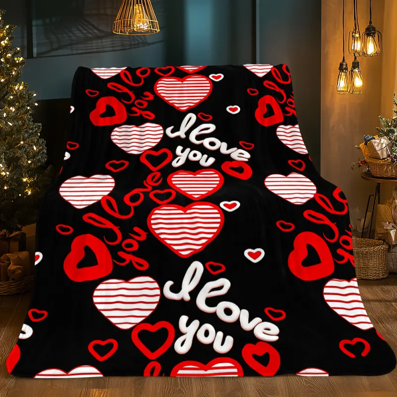 1Pc Red Heart HD Printed Flannel Blanket |   Soft And Warm For Travel, Camping, Sofa, Livingroom, Couch, Chair, Bed |   280GSM, Digital Print, Polyester, All Seasons, Valentine'S Day Decoration, 3 Sizes Available (30X40In/50X60In/60X8