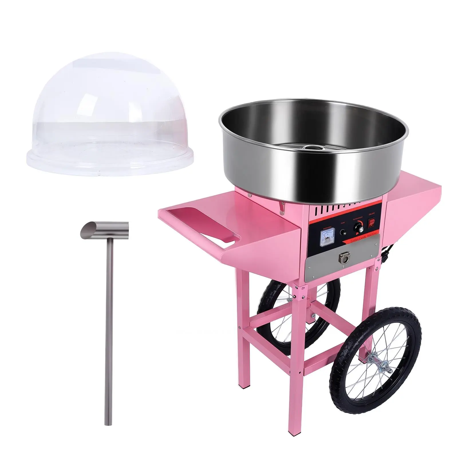1000W Commercial Pink Cotton Candy Machine with Cart, Stainless Steel Pan, Sugar Scoop, 149°F-473°F Temp Range, 1-Hour Operation, 6 Servings Per Minute, Digital Voltage Display, Ideal for Concession Stands, Home Entertainment