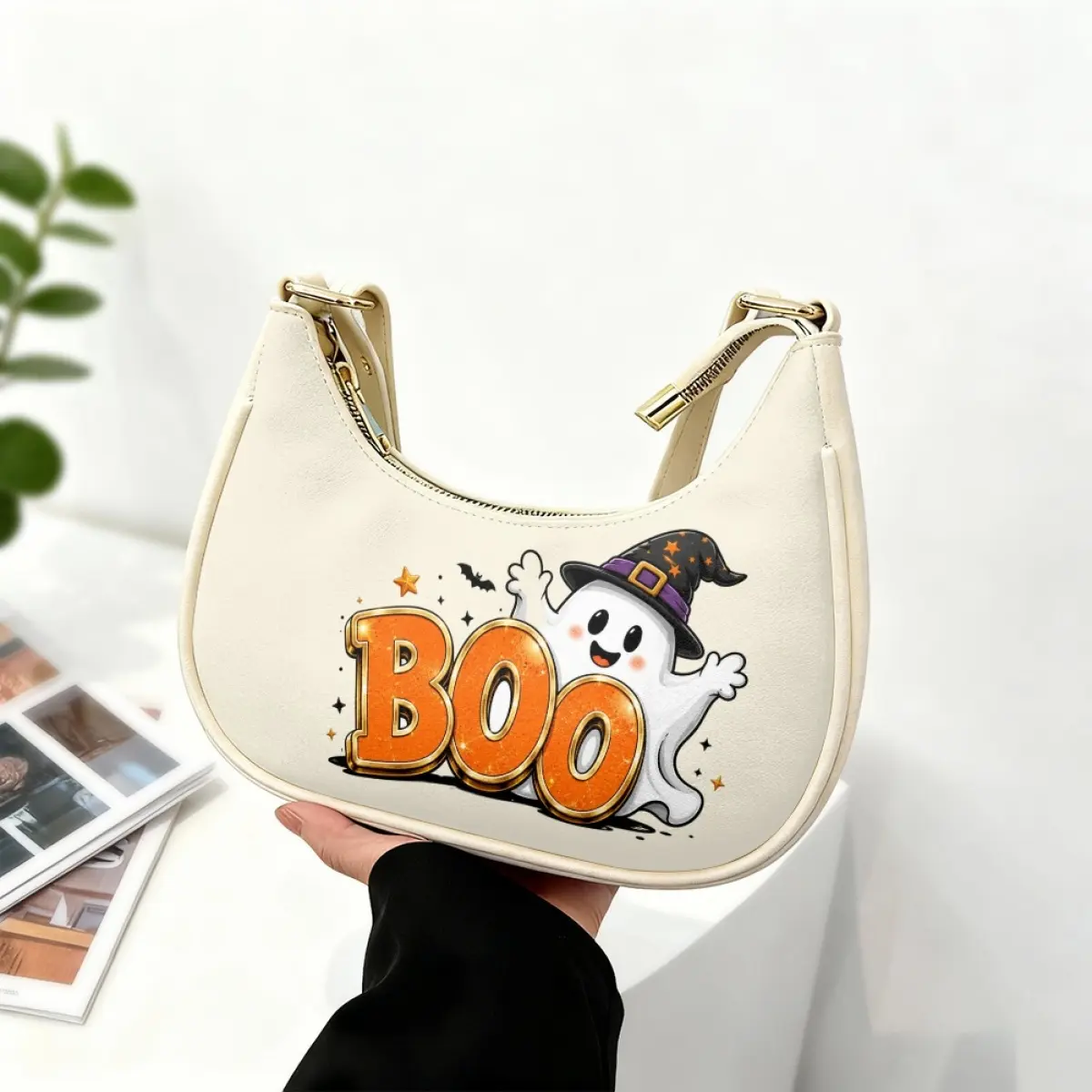 Halloween Cute Ghost Witch Hobo Shoulder Bag, Trendy Retro Crescent Handbag, Spooky Ghost Purse, Halloween Party Daily Shoulder Handbag Gift For Women trending commuter crossbody