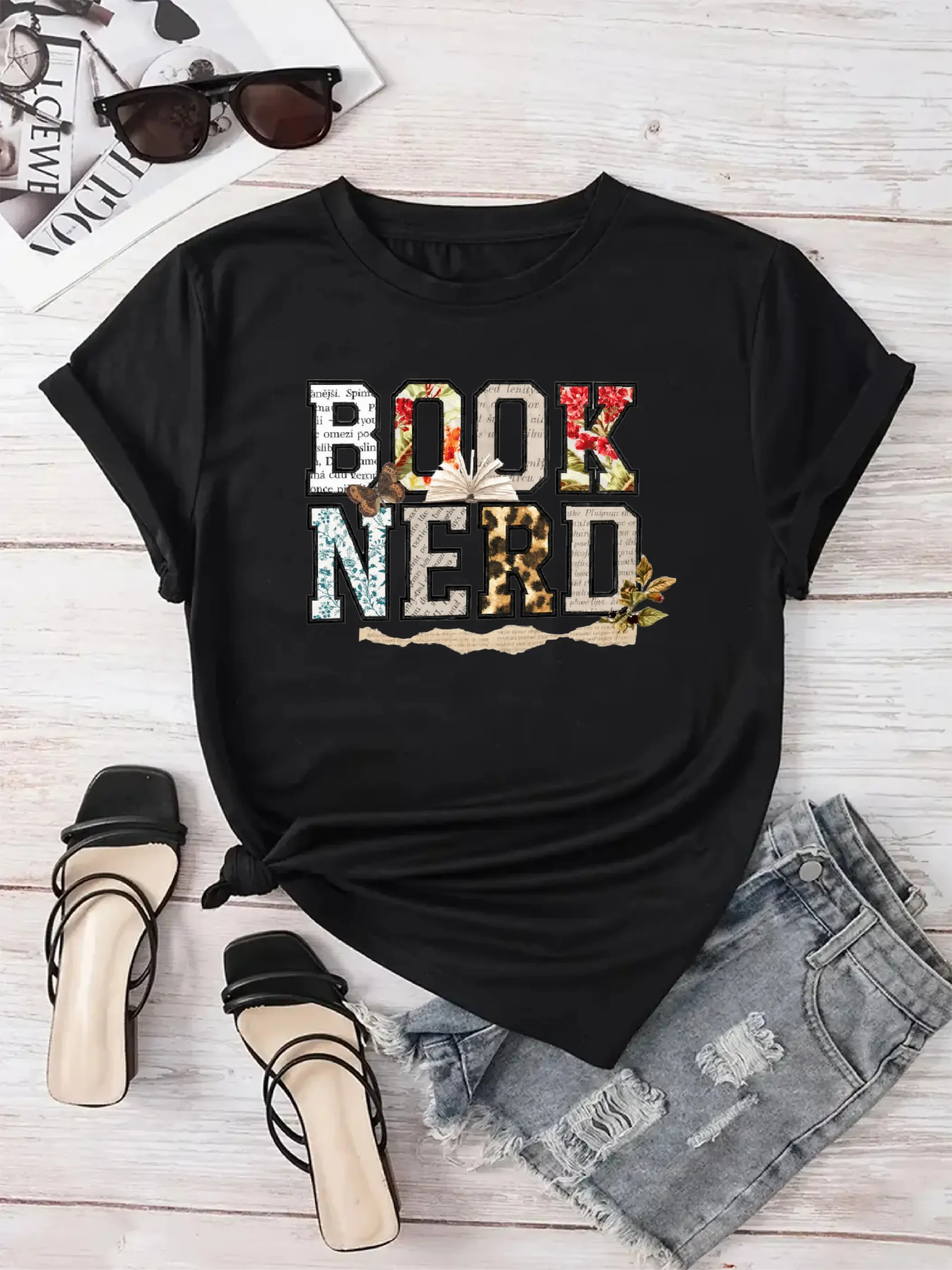 Vintage Book Nerd Patchwork Letter Printed Tee, Bookworm Floral Leopard Casual Top