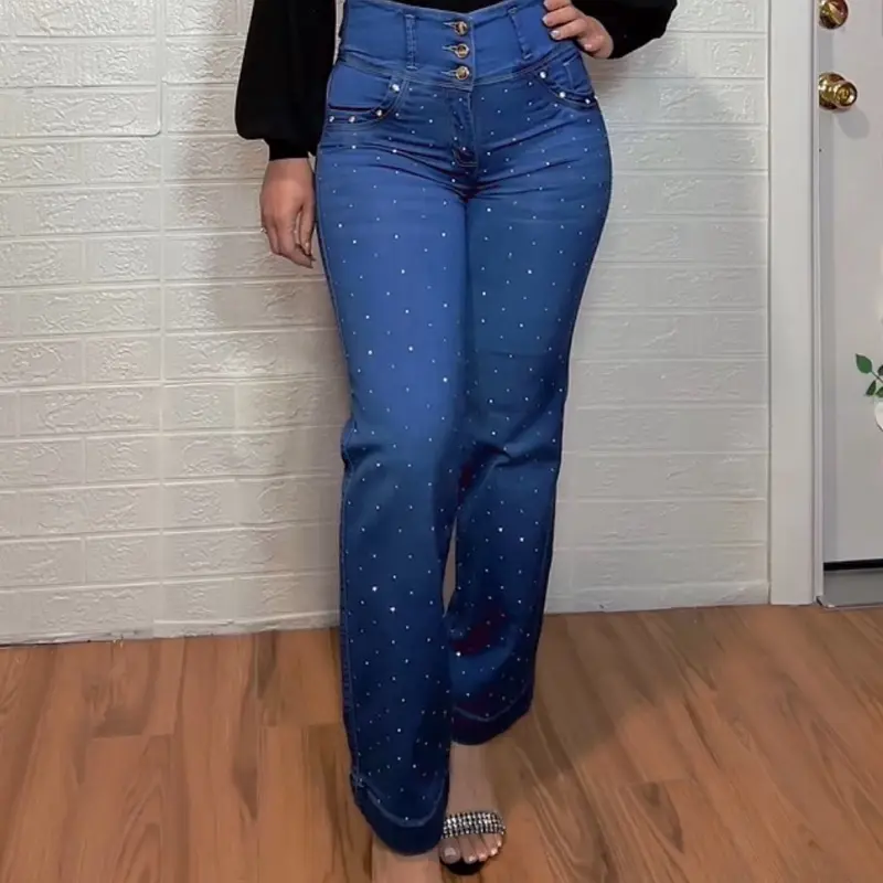 Women's Justin Colombian Rhinestone Denim Jeans - High-Waisted Straight-Leg Pants, Embellished Metallic, Multi-Pocket, Button-Detailing Bottoms for Streetwear, All Seasons, Jeans Pants, Button Detail, Streetwear Outfits, Rhinestone Pants