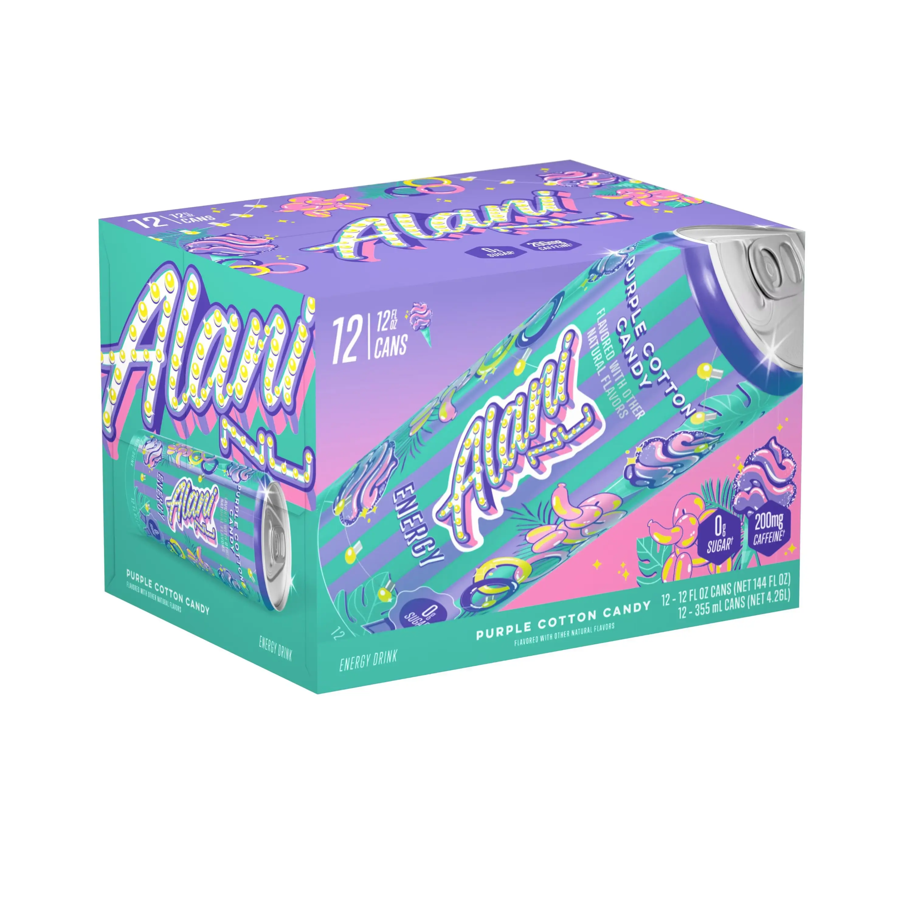 12 Pack- Alani Purple Cotton Candy Natural Energy Drink Beverage, Sugar-Free, Low-Calorie, 12 fl oz Cans