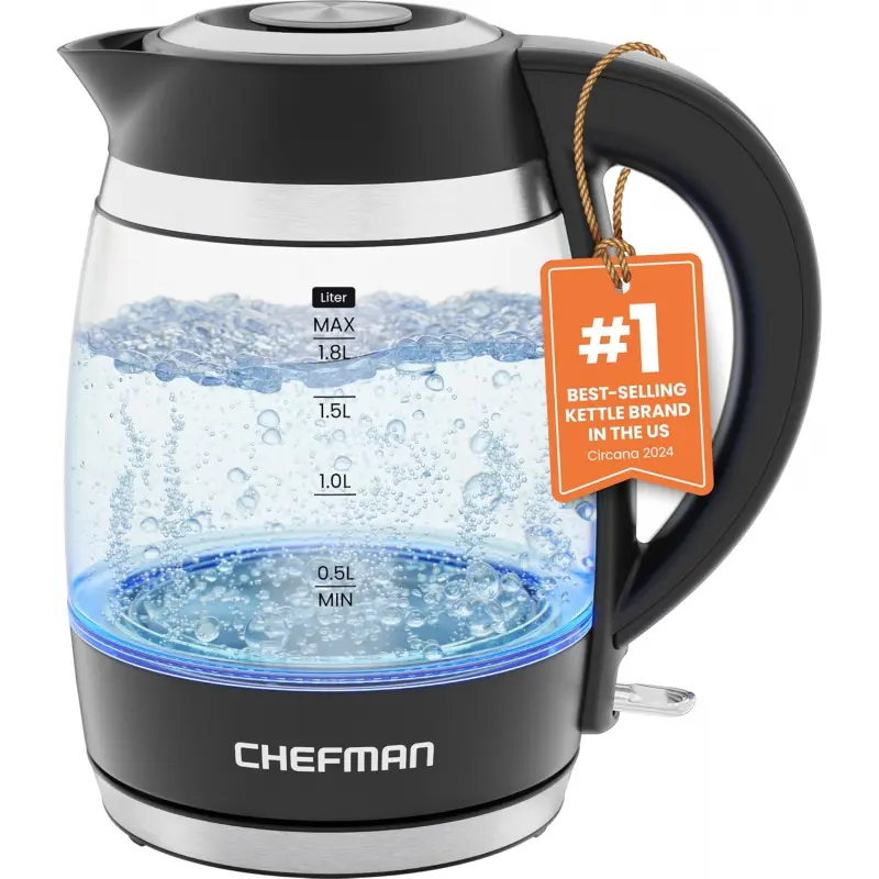 Cordless Electric Kettle, 1.8L 1500W Borosilicate Glass Hot Water Boiler with 1-Year Assurance, Detachable Lid for Easy Filling and Cleaning, Easy-Grip Pour, Auto Shut Off, Boil-Dry Protection, Stainless Steel Filter (Indoor Recreation Use), Kitchen Appli