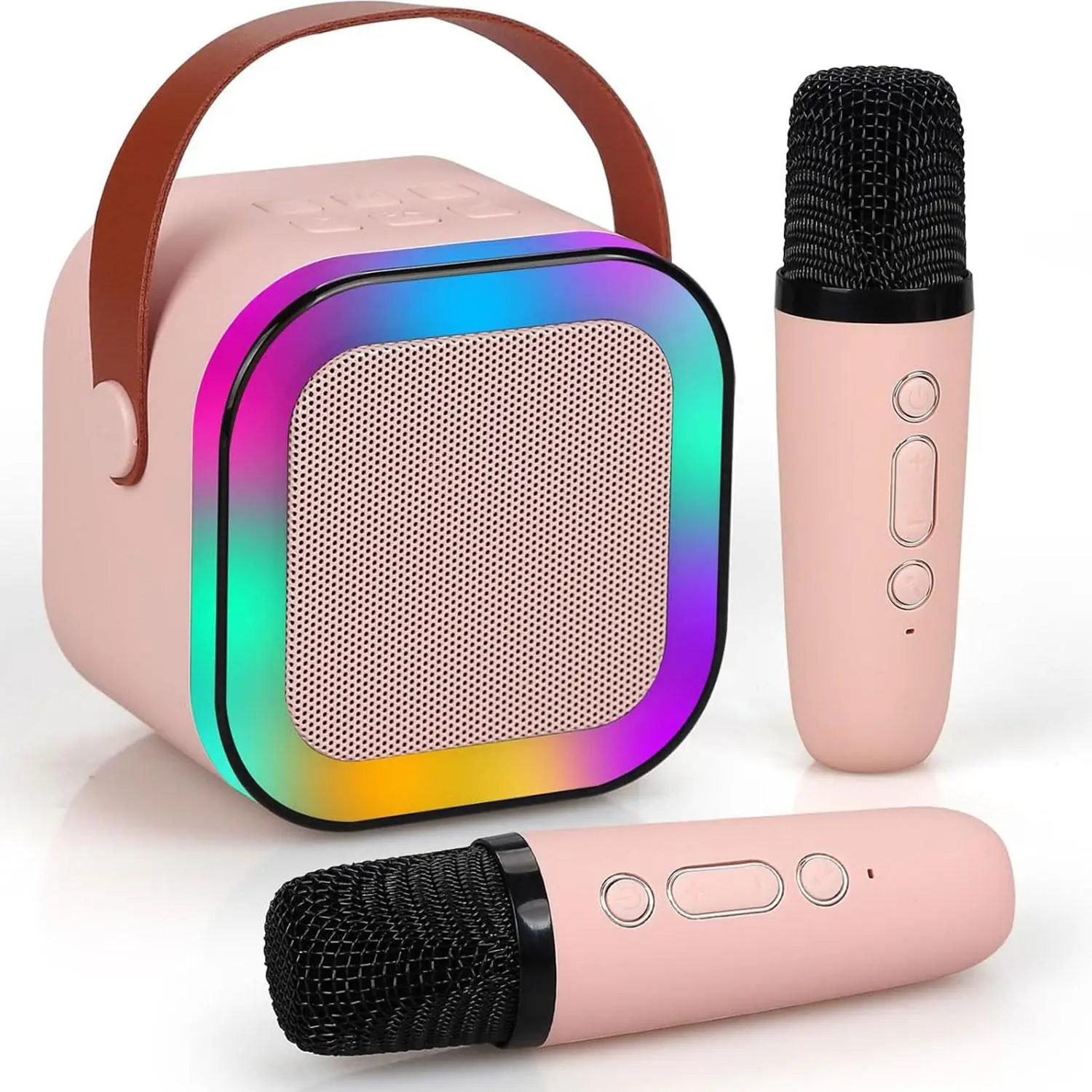 Wireless Karaoke Speaker with 2 Wireless Microphones, Rechargeable HiFi Stereo Sound KTV Speaker System, Wireless Speaker with RGB Colorful LED Lights