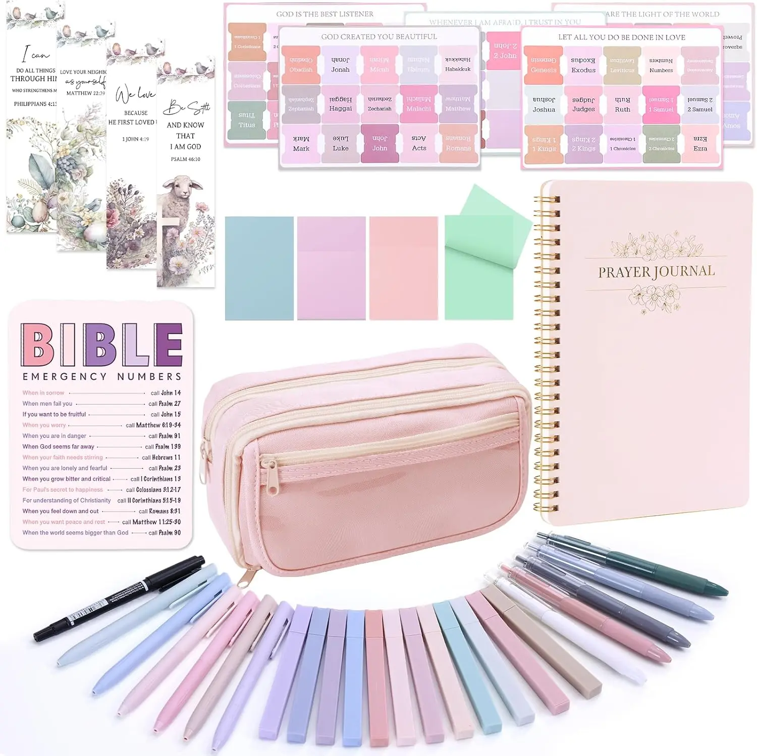 Bible Study Supplies Journaling Kit for Women, Bible Study Kit, 12 Pastel Highlighters and 12 Pens No Bleed, 75 Laminated Tabs, Prayer Journal Pencil Case and More, Pink