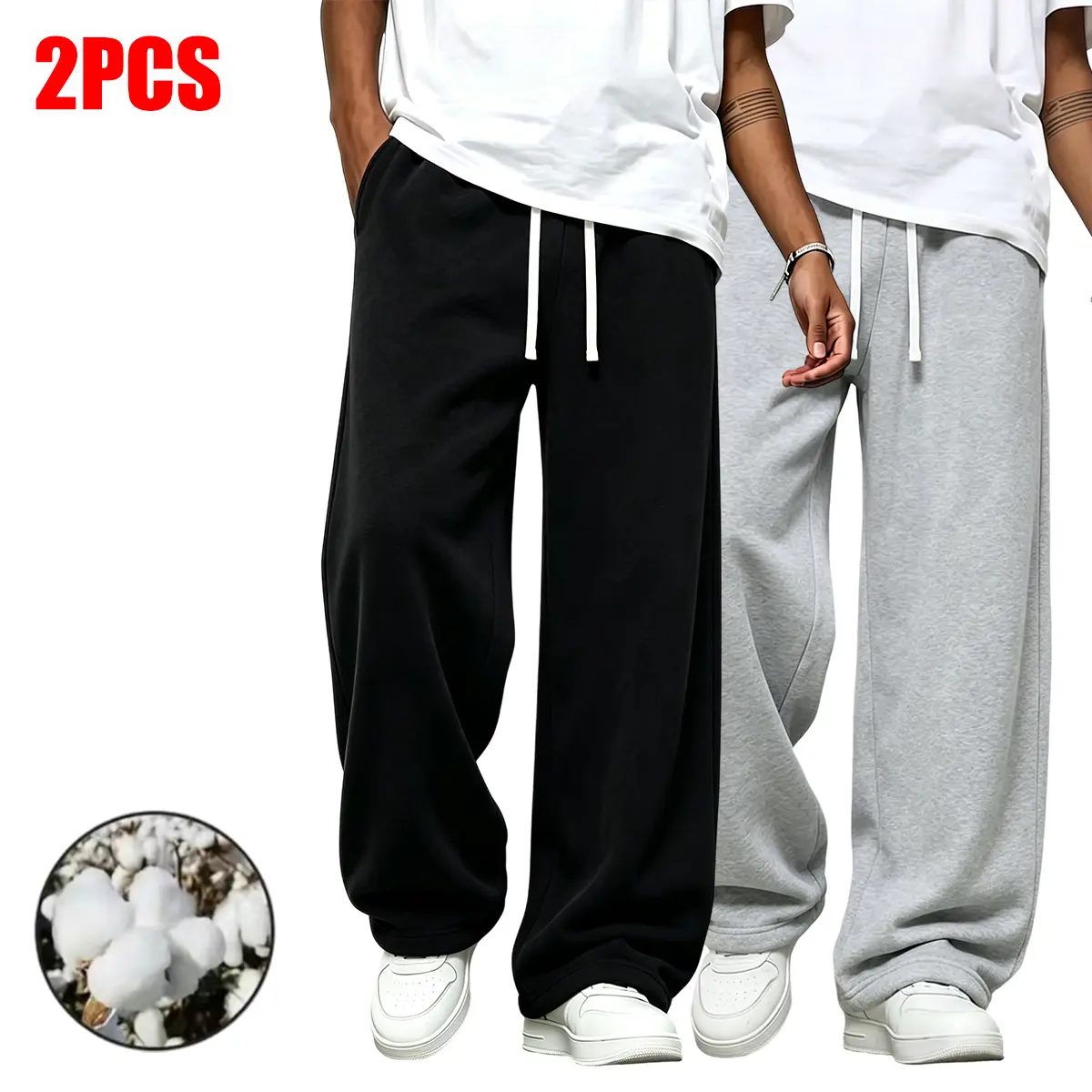 Men’s solid-color drawstring cotton joggers with pockets, a 2-pack of casual athletic pants suitable for jogging and outdoor activities, featuring a loose straight cut that’s ideal for everyday wear in autumn and winter.