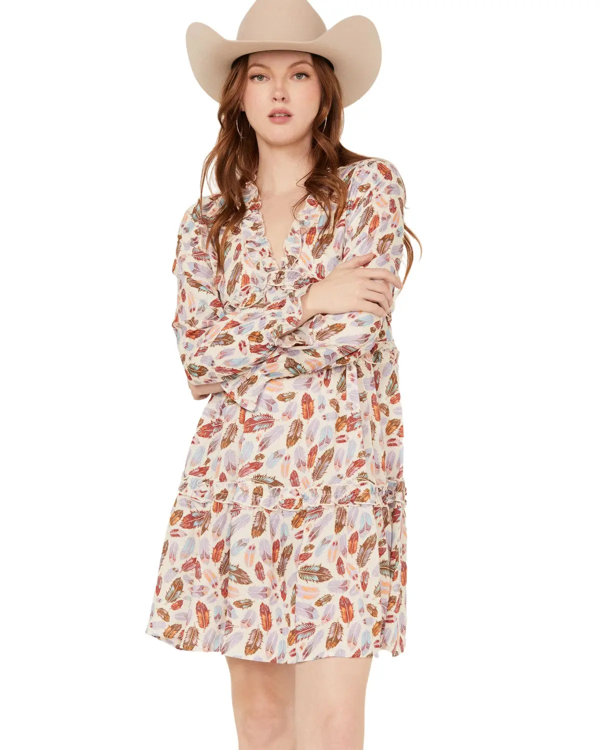 Women's Feather Print Long Sleeve Mini Dress - 03-057-0590-2036 Mu