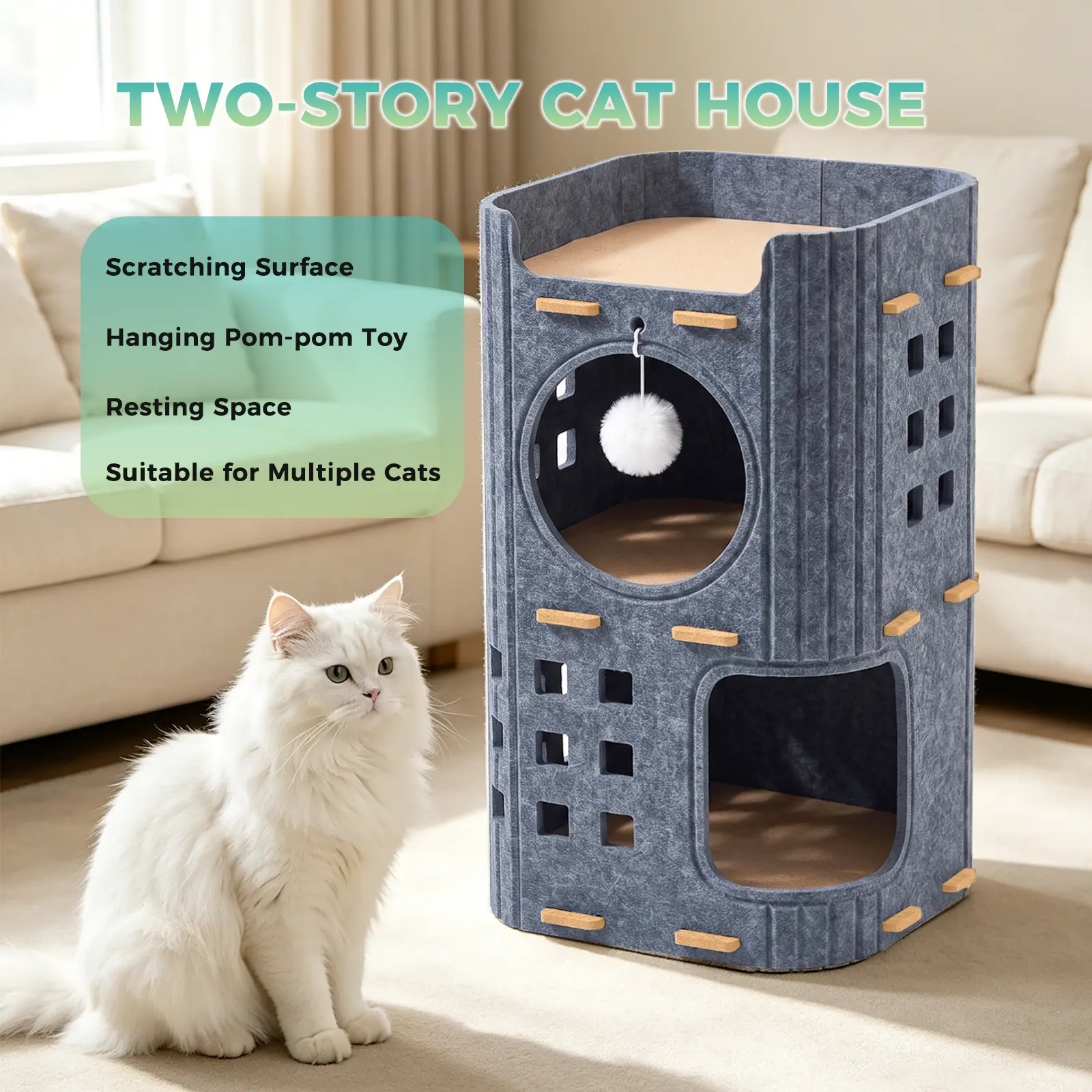 Felt Two-Story Cat House for Indoor Cats, 2-Tier Cat Condo with Scratching Surface, Hanging Pom-Pom Toy, Cozy Cat Hideaway & Cat Bed, Multi-Level Cat Furniture for Multiple Cats, Easy Assembly