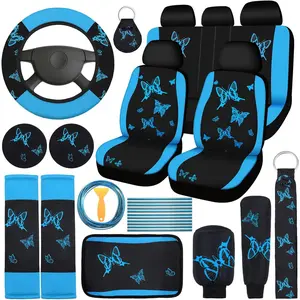BBTO 43 Pcs Butterfly Car Seat Full Set Butterfly Car Accessories for Women 5 Front Rear Seat Covers Wrist Strap 2 Pcs Cup Mat Armrest Pad 2 Belt Xmas Cover Accessories for SUV(Light Blue, Black)