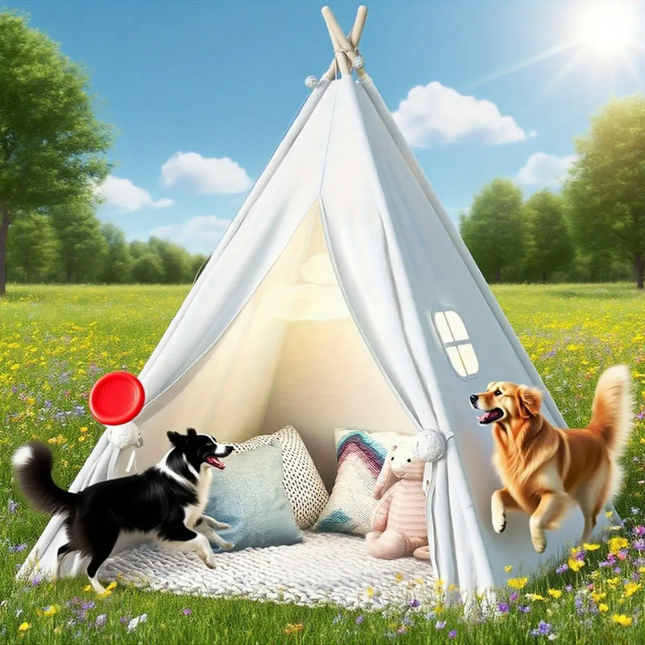 Foldable Teepee Play Tent with Carry Case, Four Poles Style Raw White Color - New Version Tiny Tent Playhouse