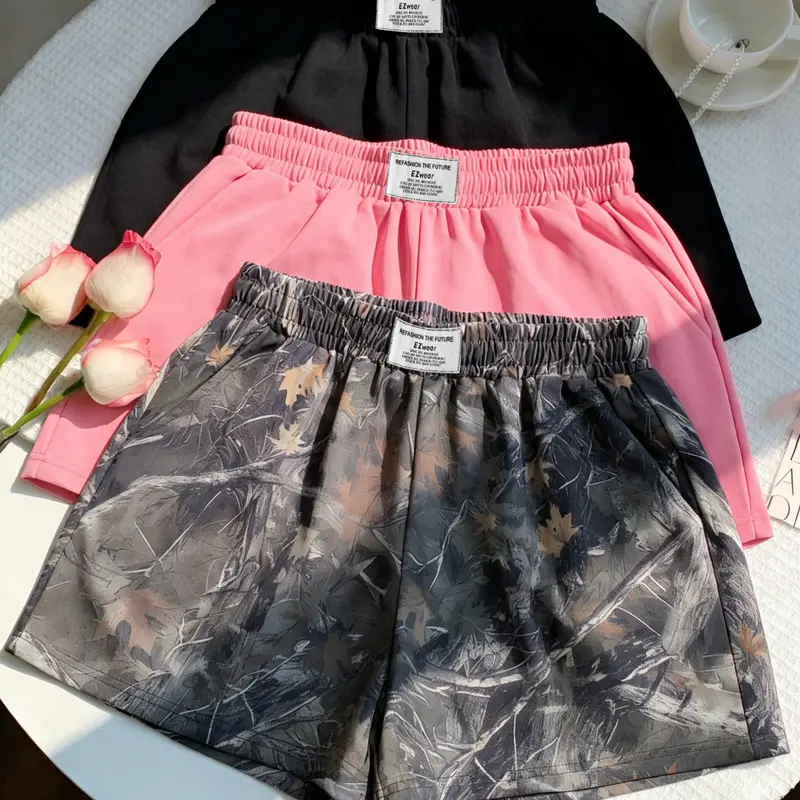 Women's Summer Casual Loose Fit Lightweight Shorts Set, Pure Color & Camouflage Prints, Elastic Waistband Design, Daily Wear Fashionable Bottoms, Casual Relaxed Shorts, Womenswear