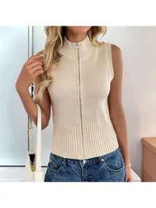 New Arrival Women's Casual Solid Color Knit Vest | Cross-border Zipper Turtleneck Sleeveless Versatile Sweater Gilet