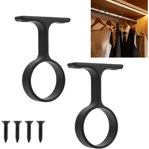 2pcs Middle Mounting Bracket for 1-5/16" Round Closet Rod, Heavy-Duty Center Mount Support Ceiling Curtain Bar Holders with Installation Screws for Home Wardrobe Clothes Pole (Black)