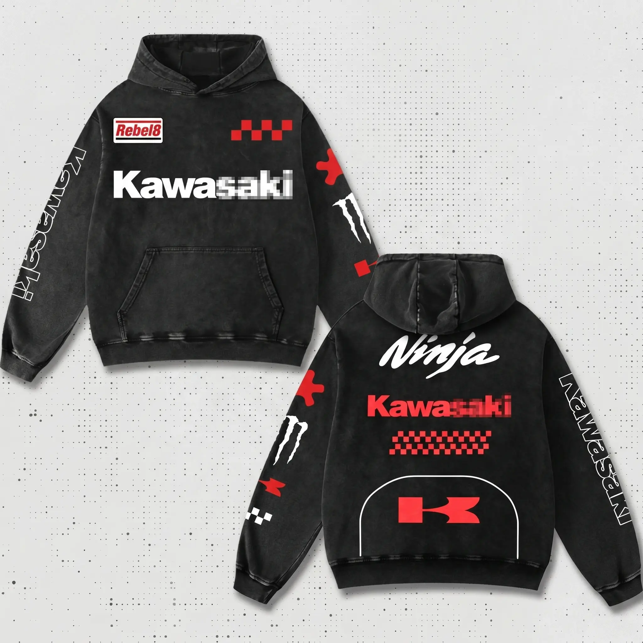 Retro Red Kawasaki Ninja Racing Hoodie Washed Black, MotoGP World Championship Enthusiast, Motorcycle Off Road Dirt Bike Graphic Streetwear, Heavyweight Biker Sweatshirt, Retro Moto Gear Motorbike Apparel Men’s Aesthetic Y2K Racing Jacket Style