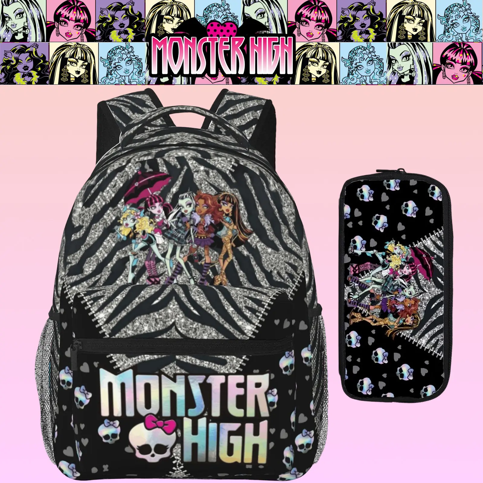 Monster High Student Backpack for Girls Monster High Doll Printed Durable Bookbag with Padded Back & Shoulder Straps, Versatile Monster High Dolls Daypack for School Camping Travel