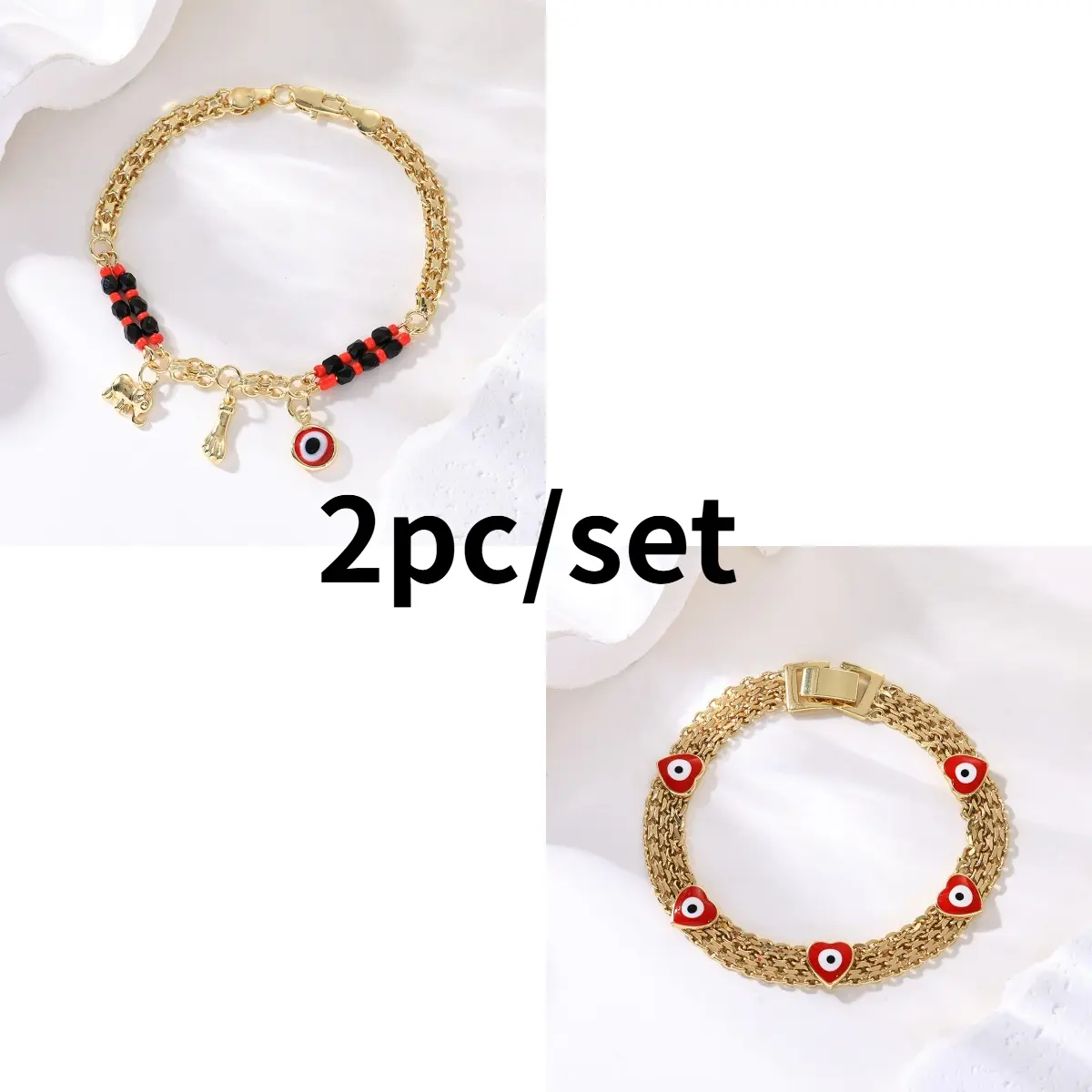 Unisex 2-Piece Gold-Plated Sports Wristband Set - Boho Style Bracelet with Devil's Eye, Baby Elephant Cartoon Charms, Holiday Jewelry for Wrist or Ankle Use, Two Piece