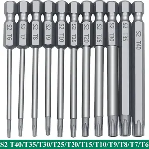 11pcs Precision Star Torx Drill Bit Set - High-strength S2 Alloy Steel, 75mm Length, T6-T40 Sizes, Multi-functional Mechanical Home DIY Tool Kit with Hex Socket, Suitable for Vehicle and Electrical Repair, Torx Bits, Drill Attachments