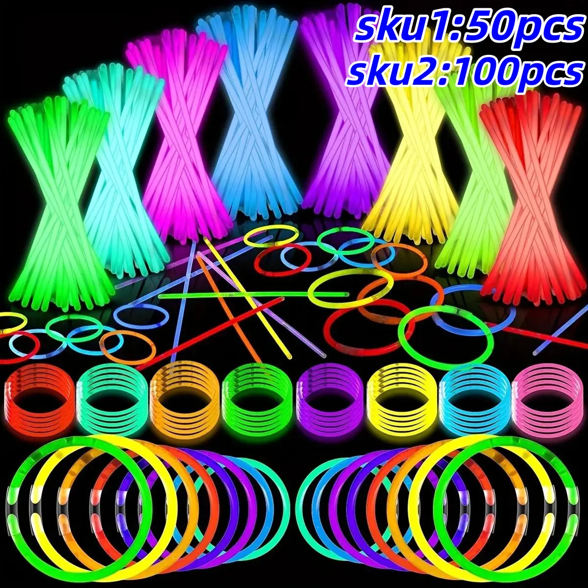 Neon Glow Sticks 50/100 Pack, 8 Inch Multi-Color LED Light Up Party Supplies, DIY Necklace & Bracelet Making, Perfect for Birthdays, Christmas & Events
