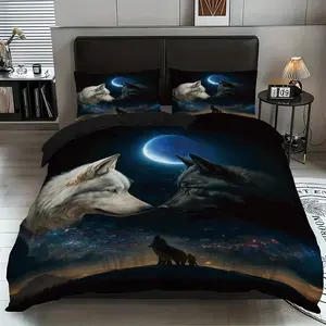 3-piece set (1 quilt cover + 2 pillowcases, coreless), two wolves element printed quilt cover set under the starry night sky, soft and comfortable bedding set, suitable for all room use, room decoration, available in all seasons, suitable as a gift