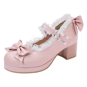 Women Kawaii Mid Block Heel Mary Jane Rockabilly Pumps with Bow Platform Chunky Heel Cute Sweet Shoes Girl Pink Footwear Stylish Classy Flatform mary janes shoes Buckle Elegant