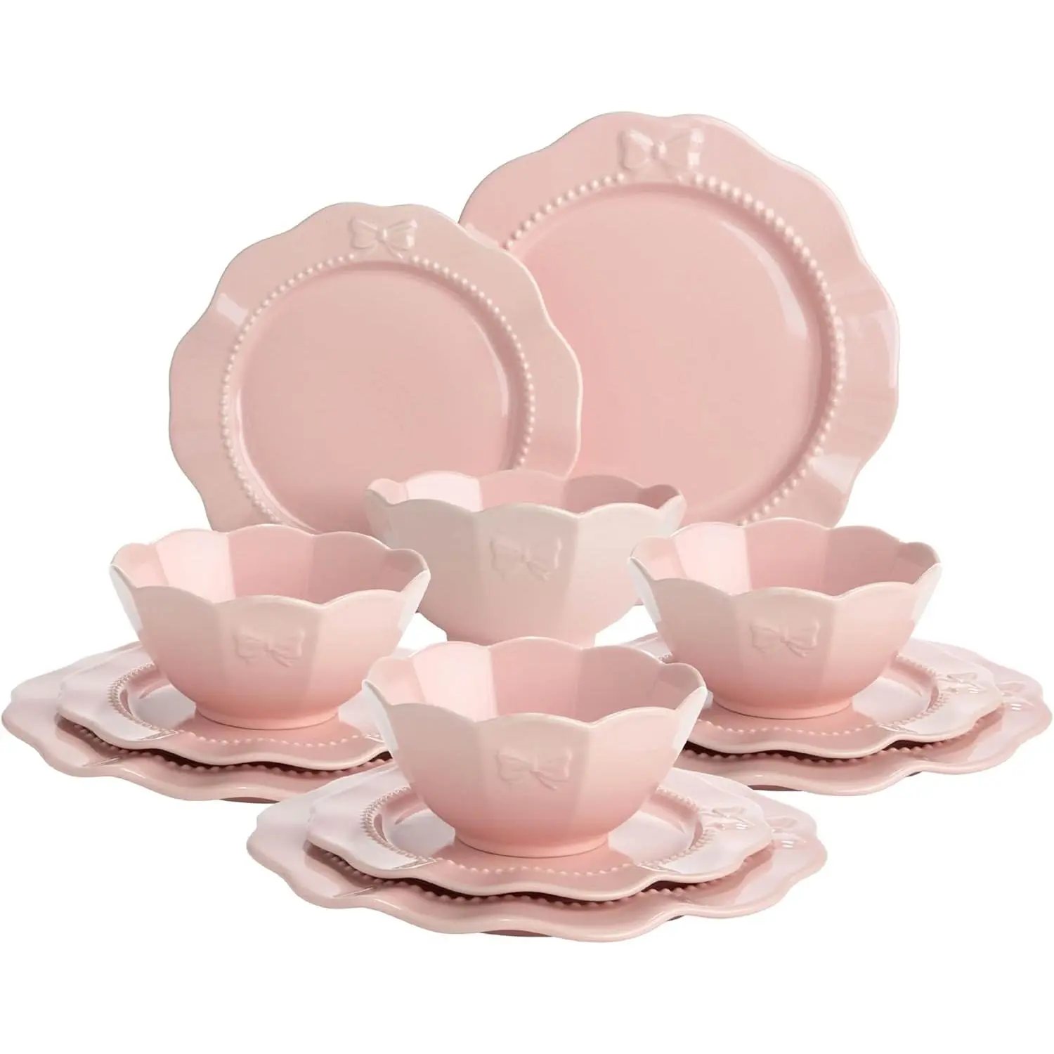 12-Piece Sturdy Ceramic Stoneware Dinnerware Set for 4 - Embossed Bow Pattern, BPA-Free, 4 Dinner Plates, Salad Plates, Bowls, Resists Daily Wear, Microwave & Dishwasher Safe, Pink Tableware for Everyday Meals, Stylish